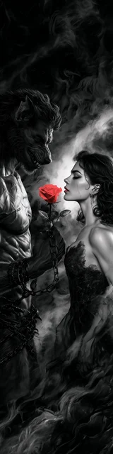 Free dark romance bookmark featuring a werewolf couple with a red rose